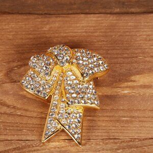 Vintage Gold Nolan Miller Bow Ribbon Rhinestone Brooch Pin